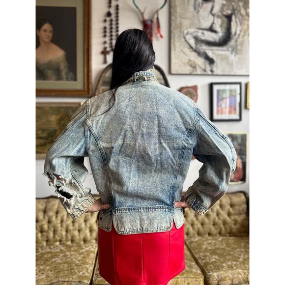 80s Rare Acid Washed Denim Jacket w snap Button Closure Size Medium - Picture 2 of 7